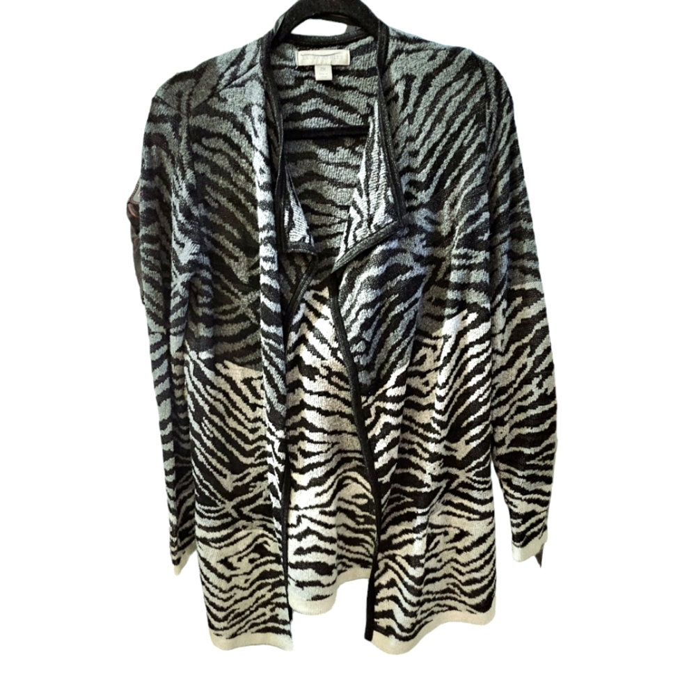 Laura Ashley Long Open Front Cardigan Sweater Petite Medium Metallic Threads